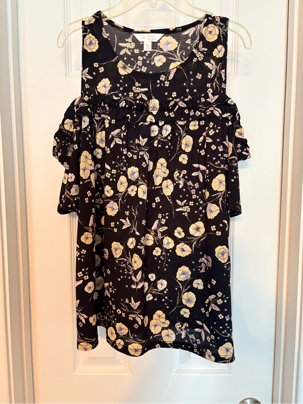 LC Lauren Conrad Black Floral Cold-Shoulder Camisole with Yellow Print